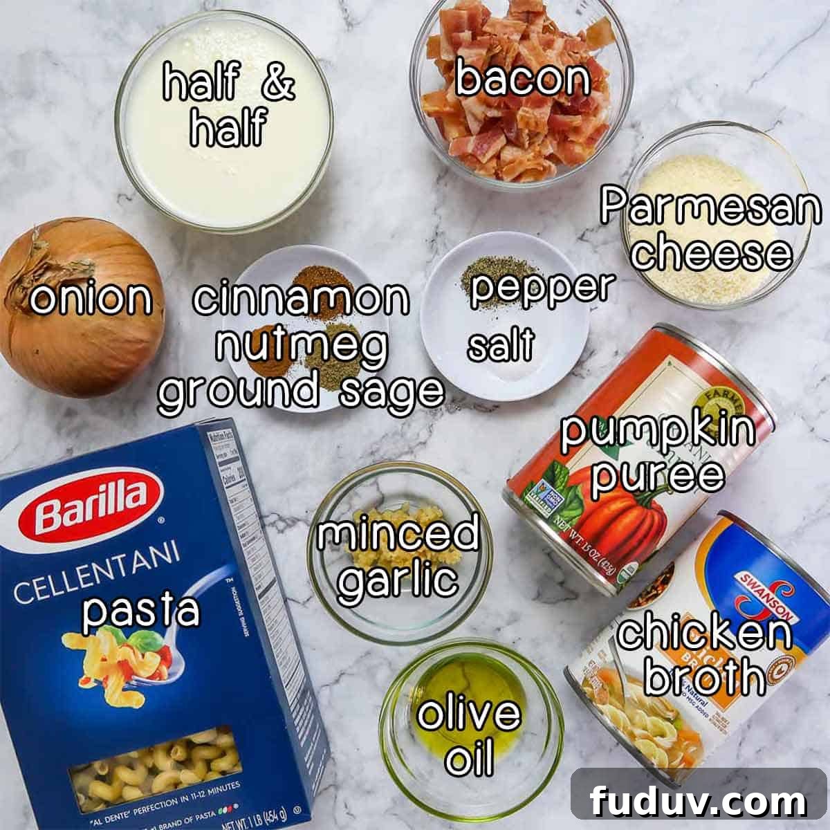 Overhead shot of ingredients- half and half, bacon, onion, pasta, parmesan cheese, pumpkin puree, chicken broth, olive oil, minced garlic, cinnamon, nutmeg, ground sage, salt, and pepper.