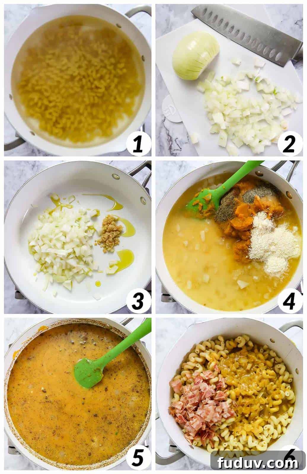 Six panel grid of process shots - boiling pasta, prepping ingredients, and combining gradually over heat.