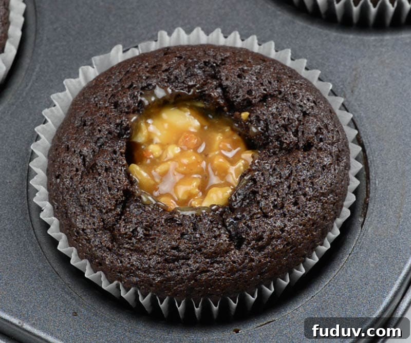 Baked chocolate cupcake filled with caramel peanuts.