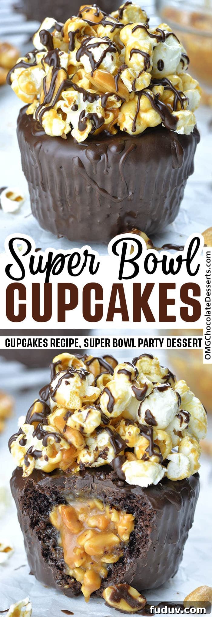Super Bowl Cupcakes - Nothing tastes sweeter than a Super Bowl win, but these delicious chocolate cupcakes with salted caramel, peanuts and popcorn come pretty close!