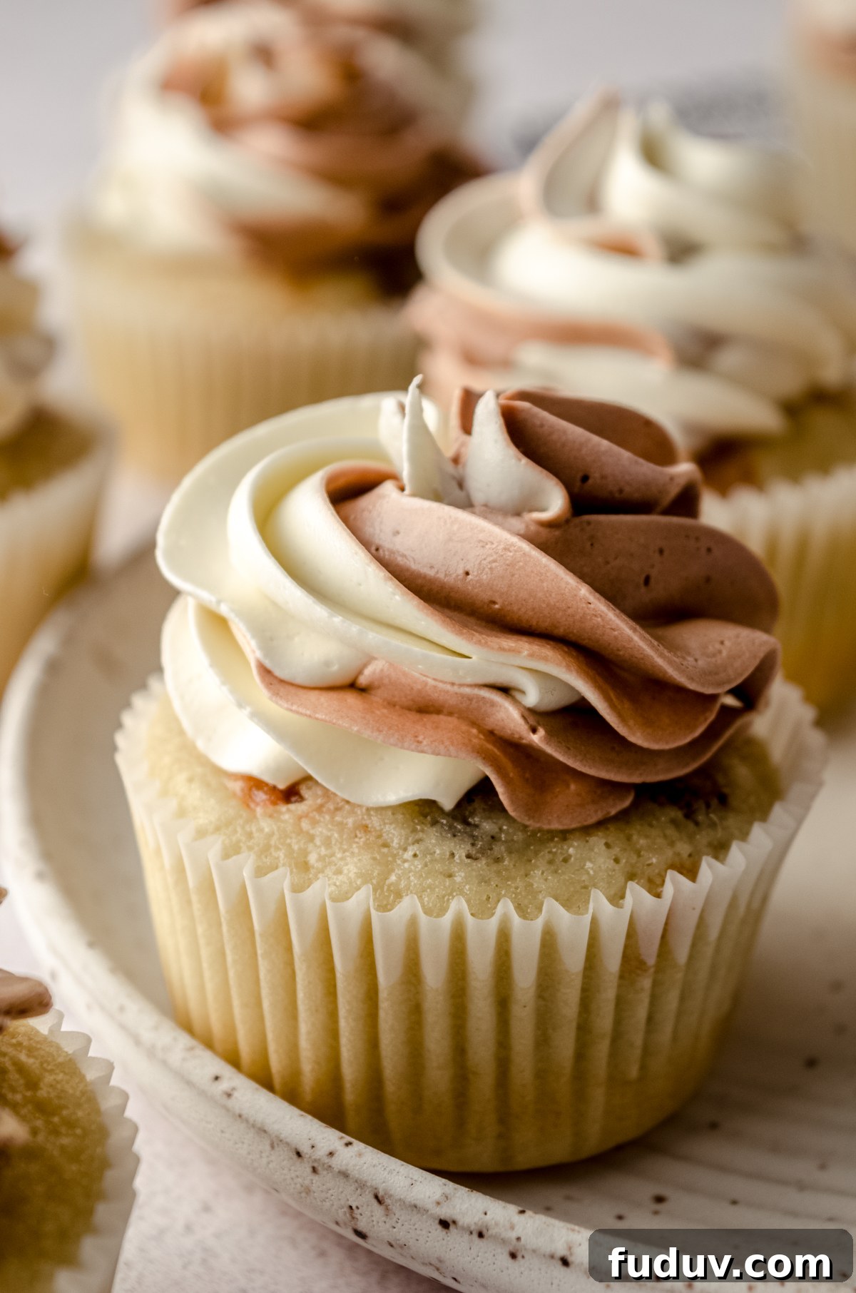 Vanilla and chocolate swirled frosting on cupcakes