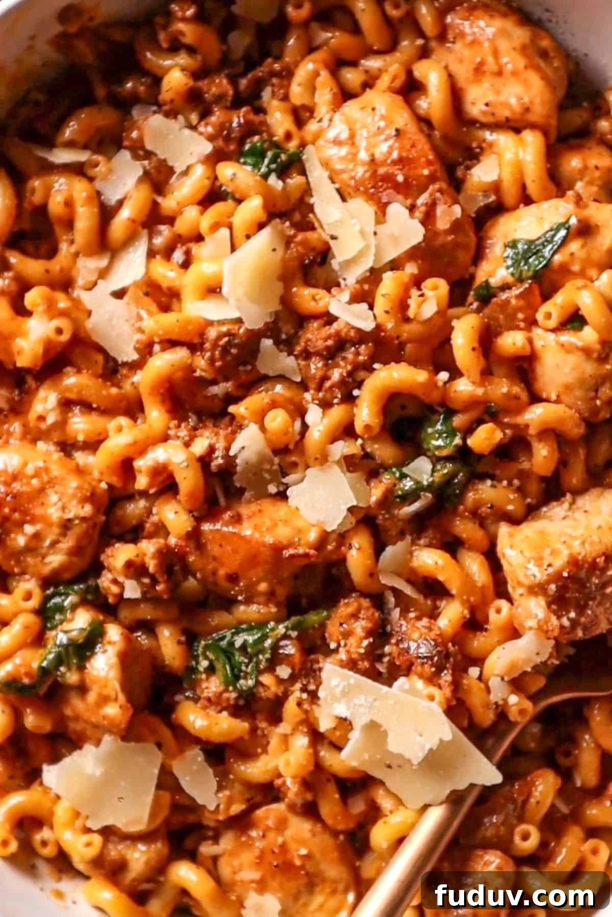 chicken & chorizo pasta topped with parmesan