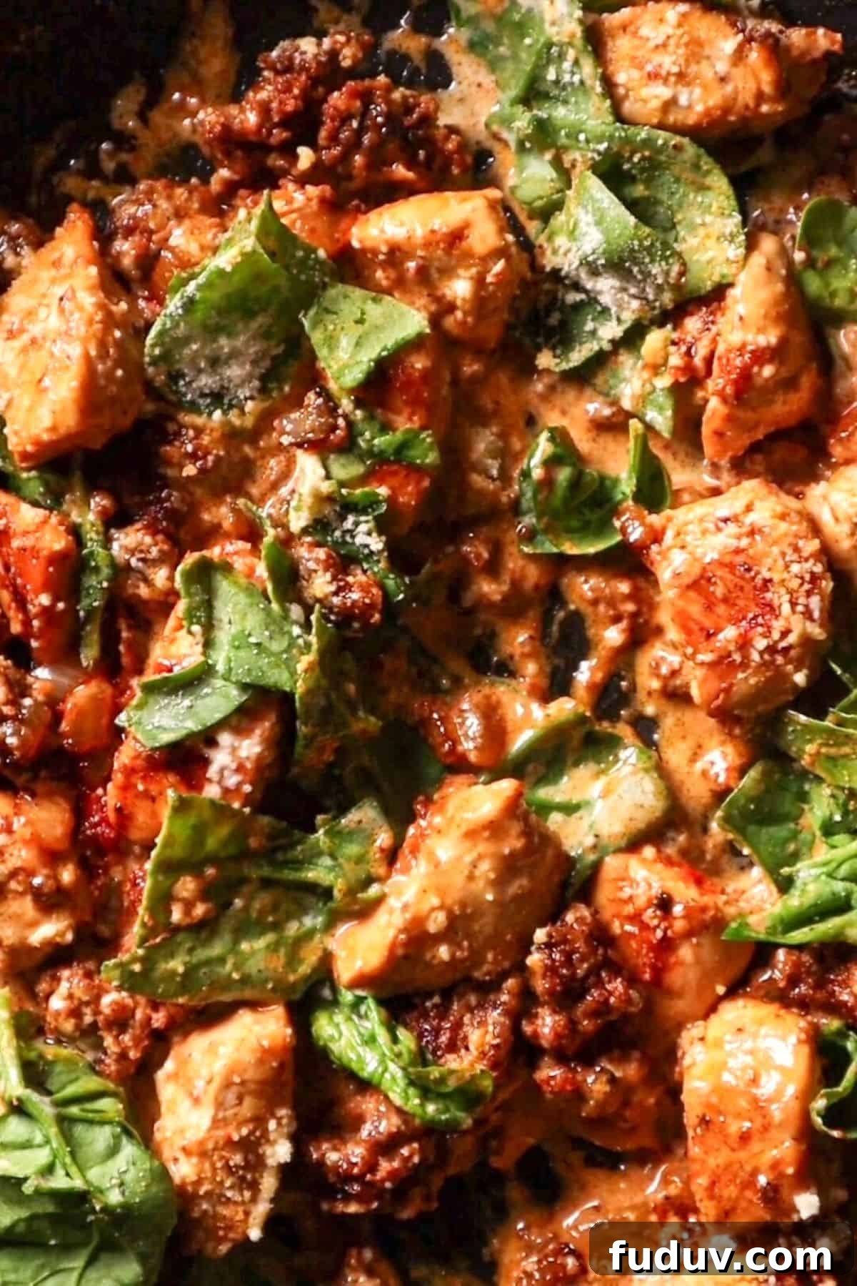 chicken chorizo pasta ingredients in pan
