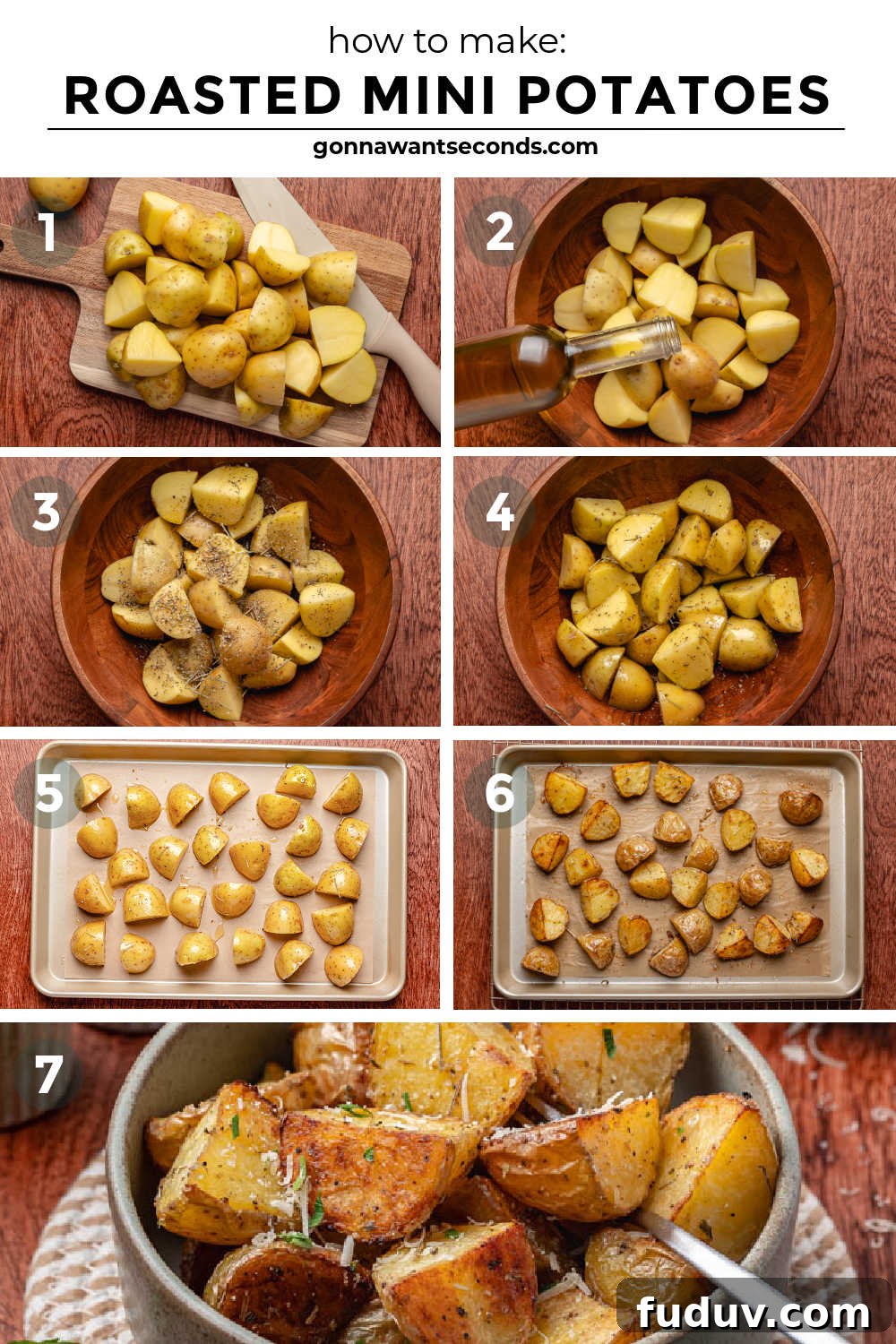 Crispy roasted mini potatoes with fluffy centers and golden edges. The perfect easy side dish for any dinner or holiday table. #roastedpotatoes #potatosidedishes Step by step how to make Roasted Mini Potatoes