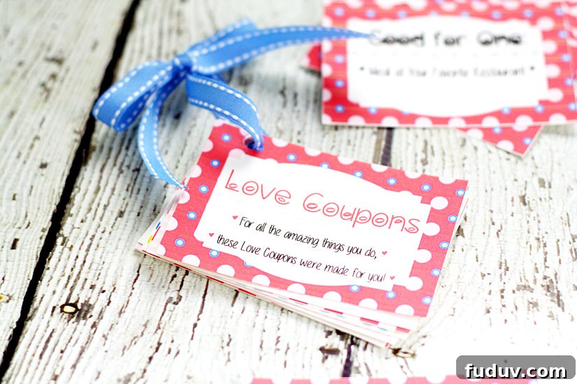FREE DIY Printable Love Coupon Book for Him makes a perfect, loving gift for your sweetheart for Valentine's Day or even birthdays and anniversaries! Make a Love Coupon Book with 54 love coupons to choose from, some naughty and some nice. Tutorial with entire book printable for you to print!