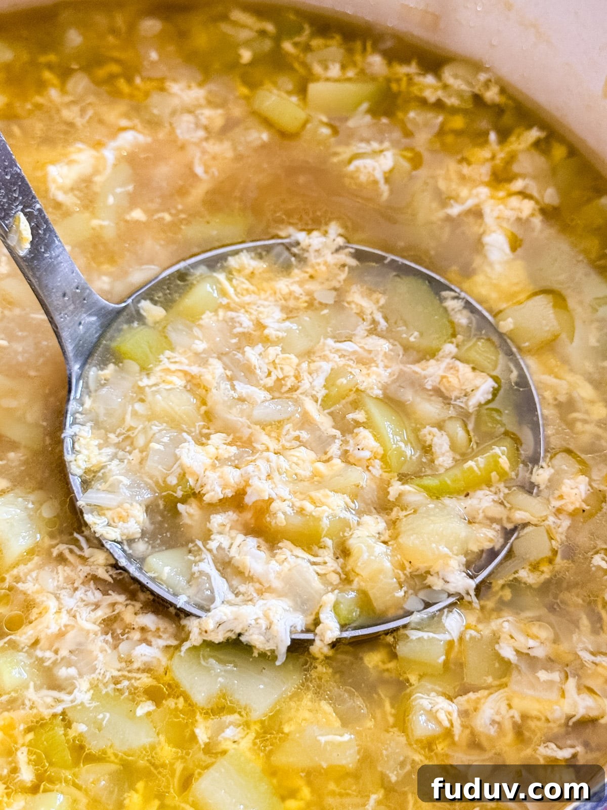 A close up image of a ladle in a pot of zucchini soup.