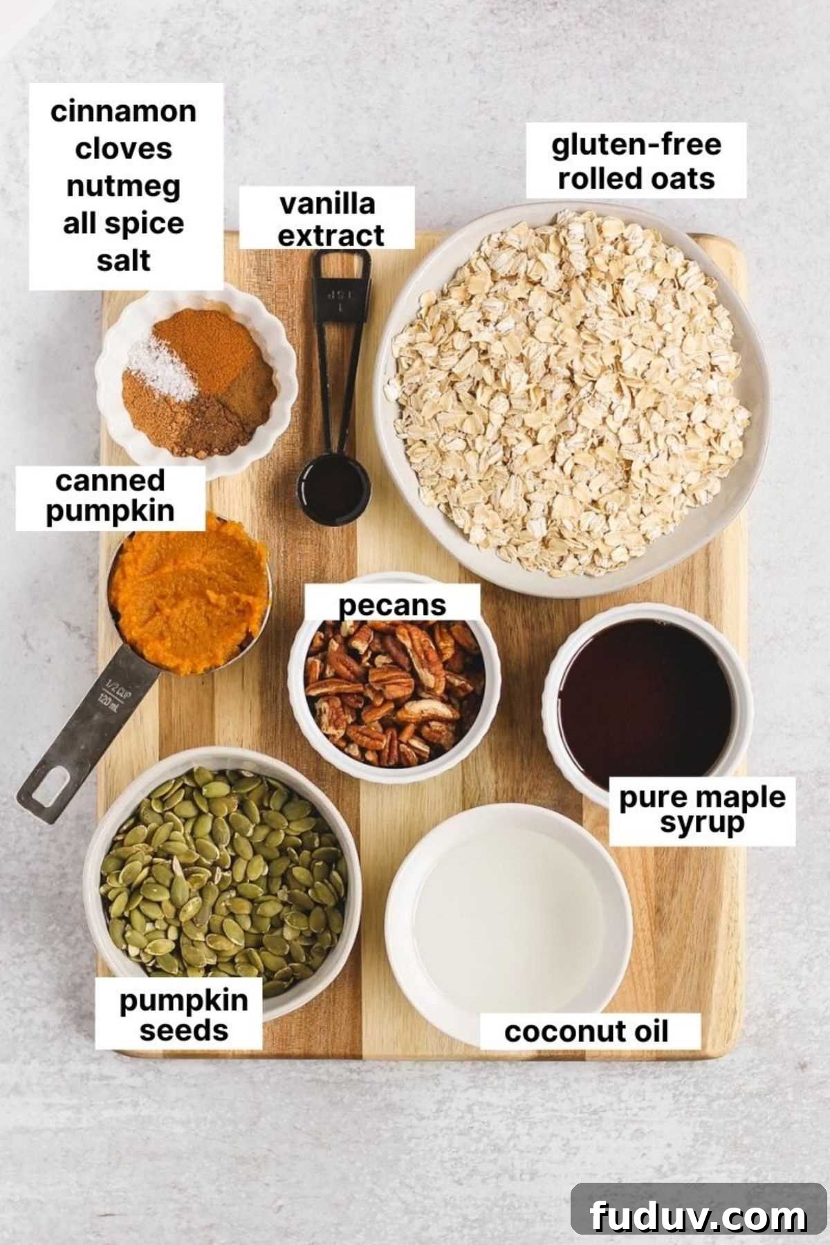 Labeled ingredients for pumpkin granola.