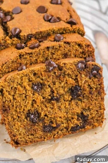 Sliced pumpkin chocolate chip bread.