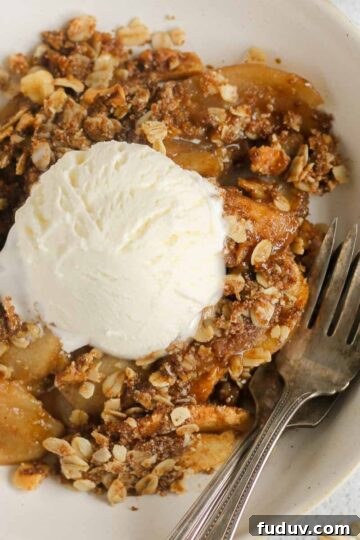 Single serving of apple crisp in a small bowl topped with a scoop of vanilla ice cream