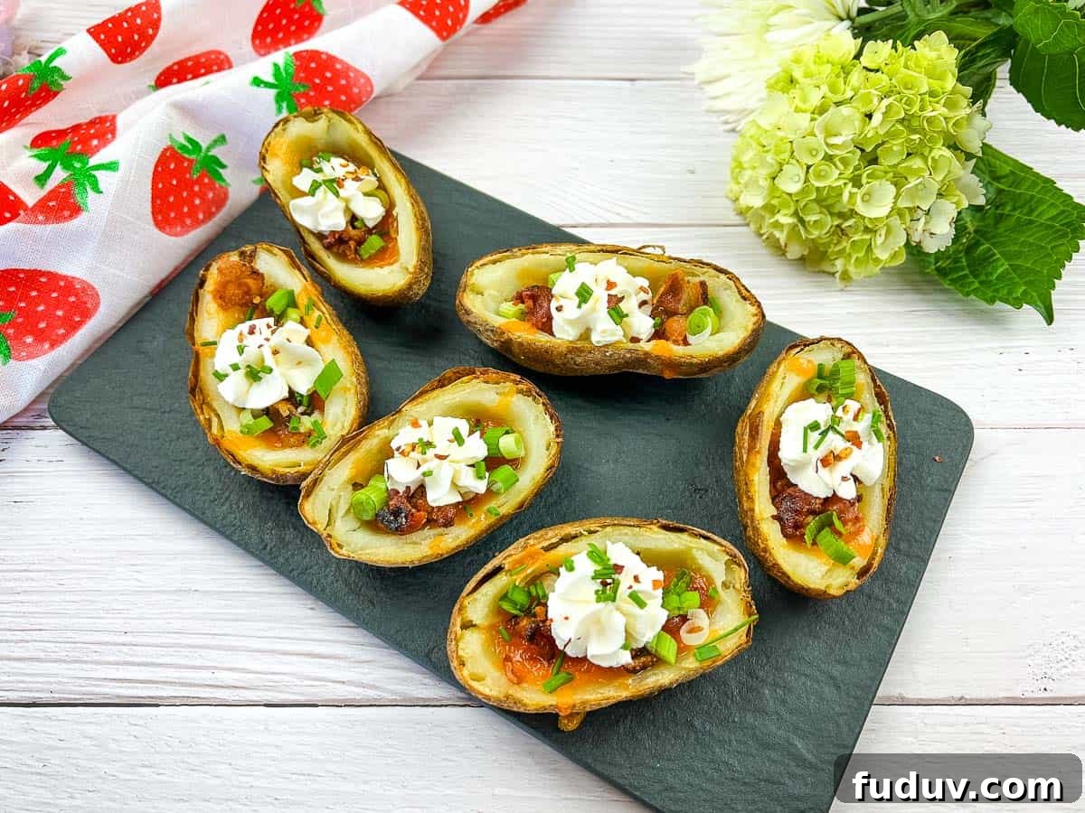 Six Fully Loaded Baked Potato Skins topped with cheese and sour cream.