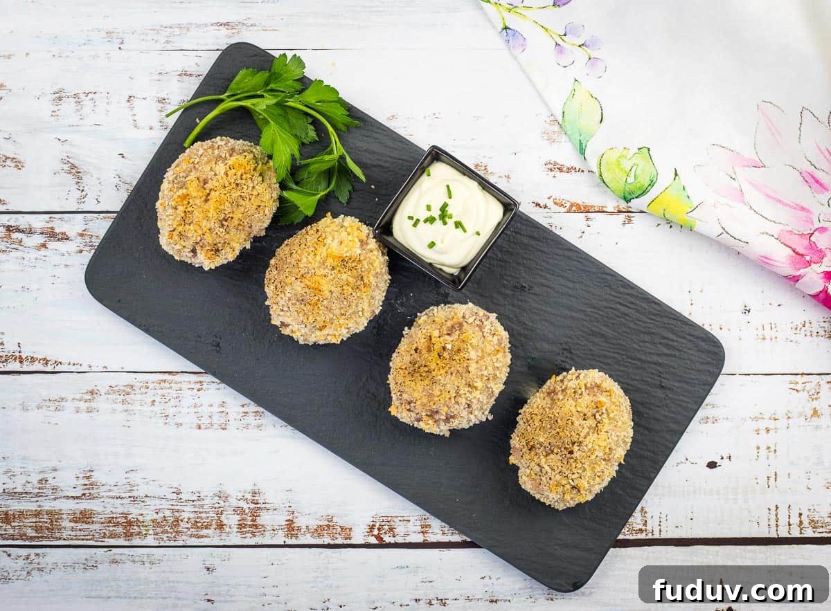 Scotch Eggs on a black plate.