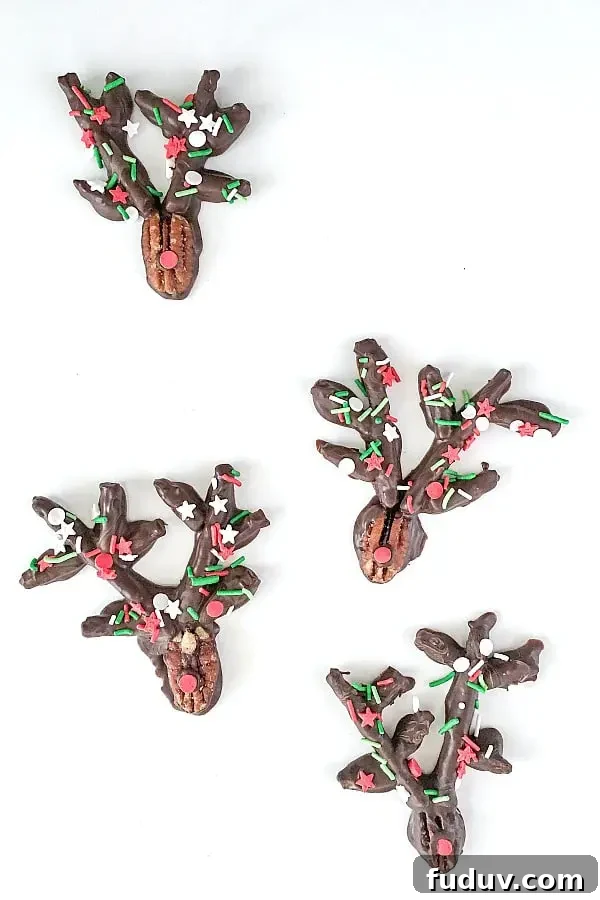 reindeer made from chocolate dipped pecan for the head, chocolate dipped pretzels for antlers