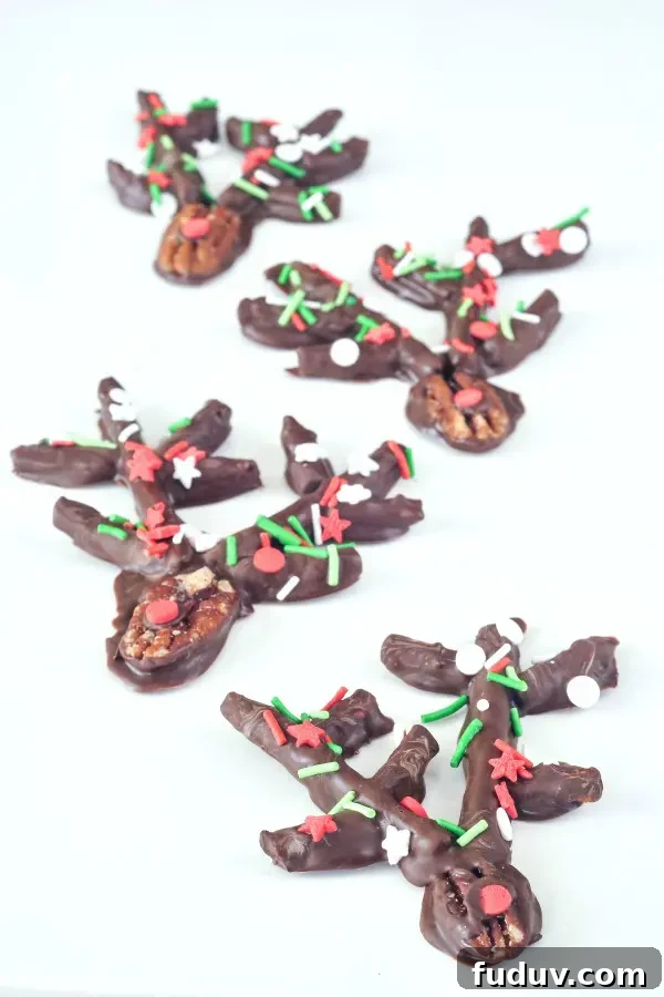 Chocolate Covered Pecan and Pretzel Reindeer on a white plate