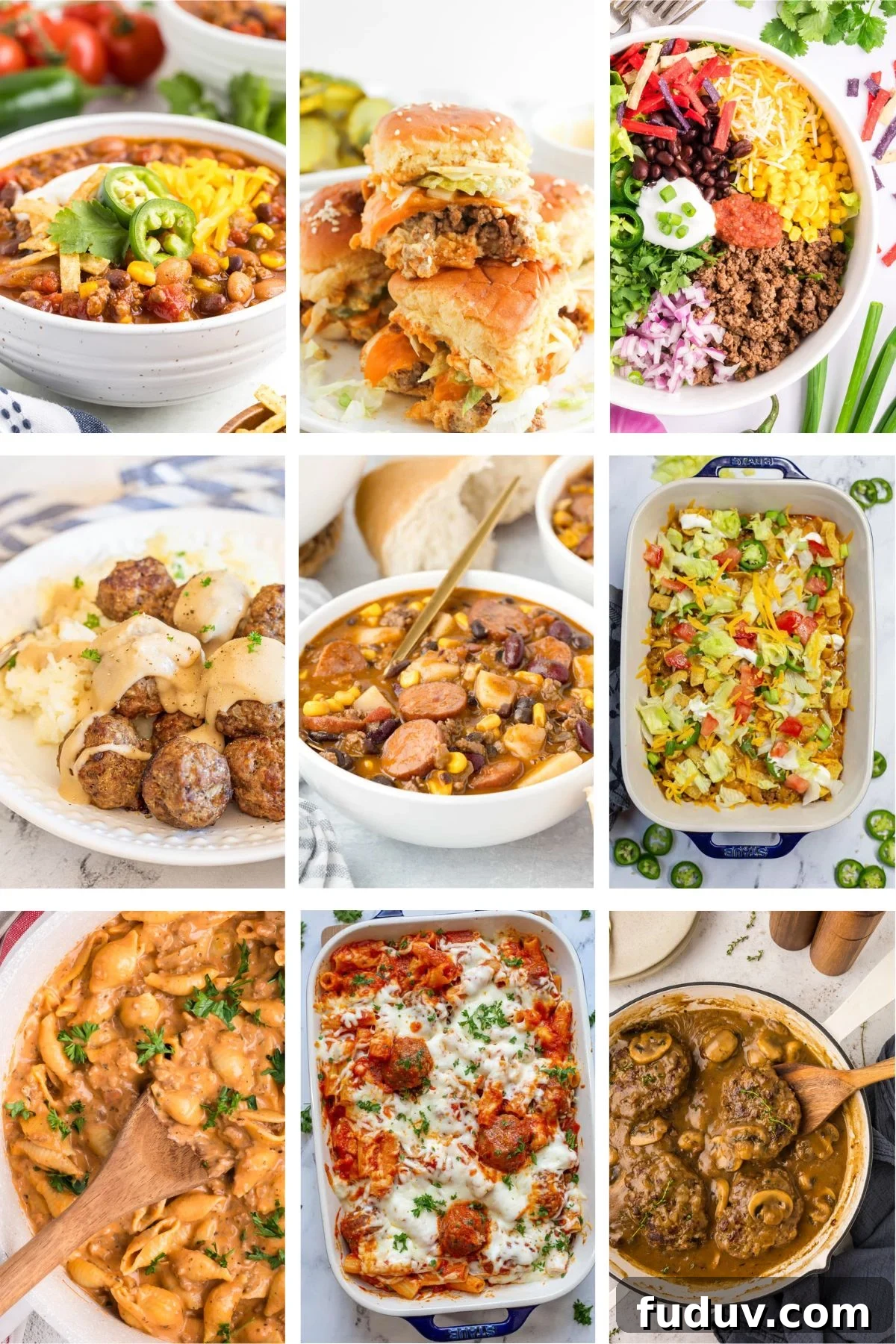 Photo collage with ground beef dinner recipes.