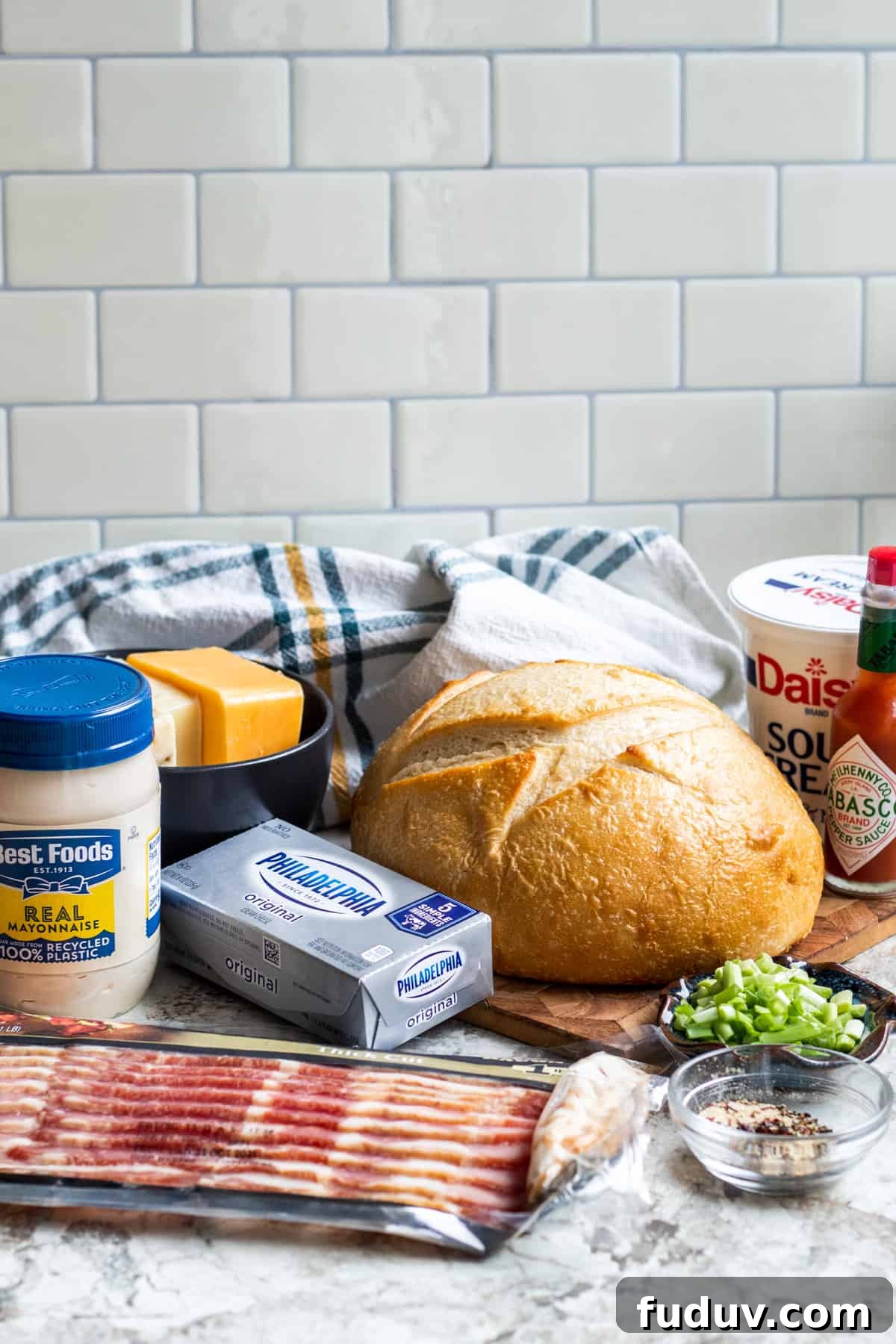 Recipe ingredients laid out on counter.