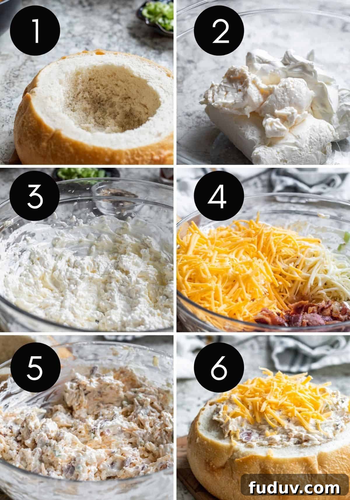 Six prep image collage with white numbers showing steps to make dip.