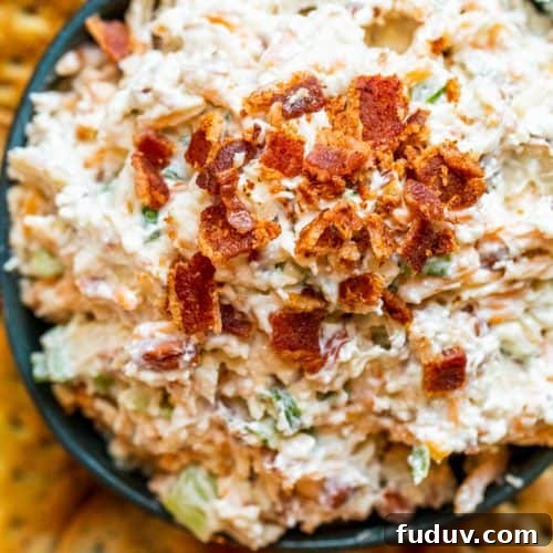 Overhead shot of dip in blue bowl with crackers on the side.