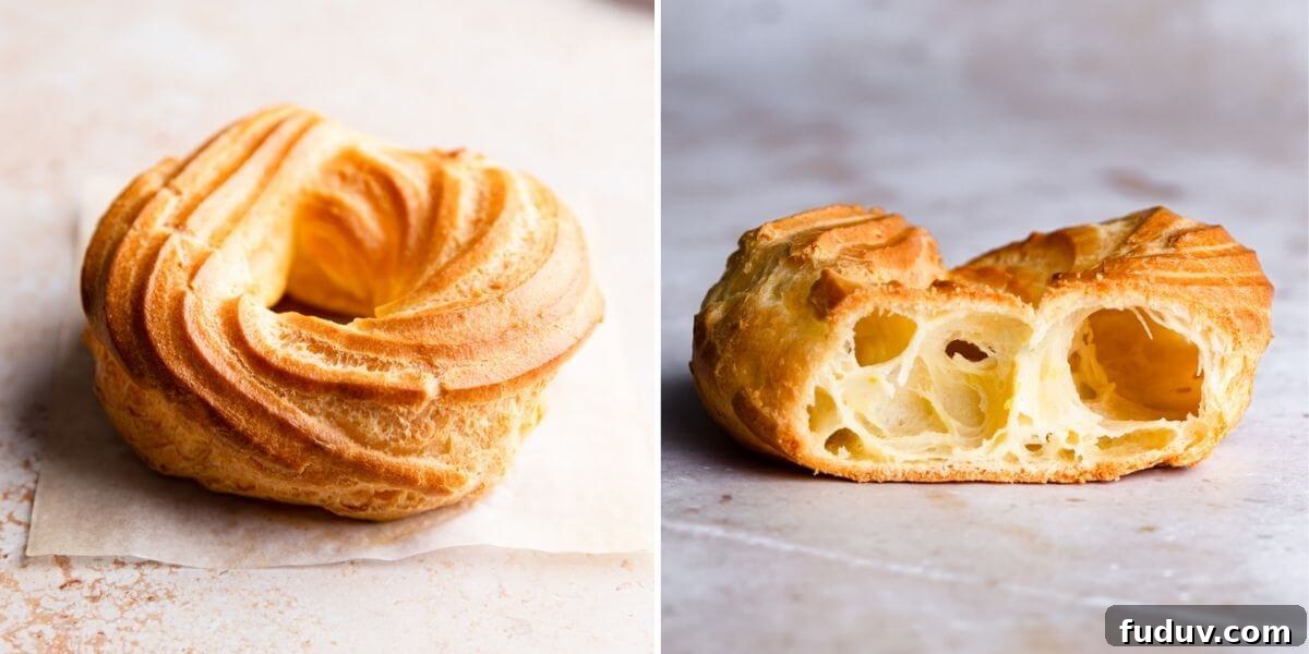How to Make Classic French Crullers at Home 5 side by side photos showing outside and inside of baked french cruller doughnut