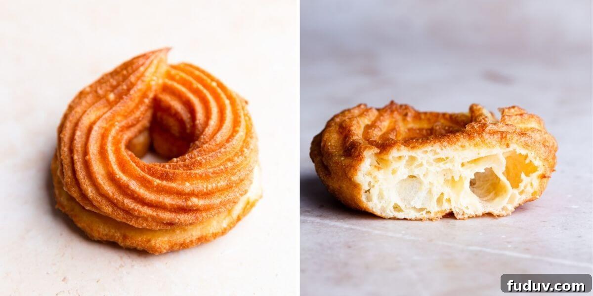 How to Make Classic French Crullers at Home 6 side by side photos showing outside and inside of the deep fried french cruller doughnut
