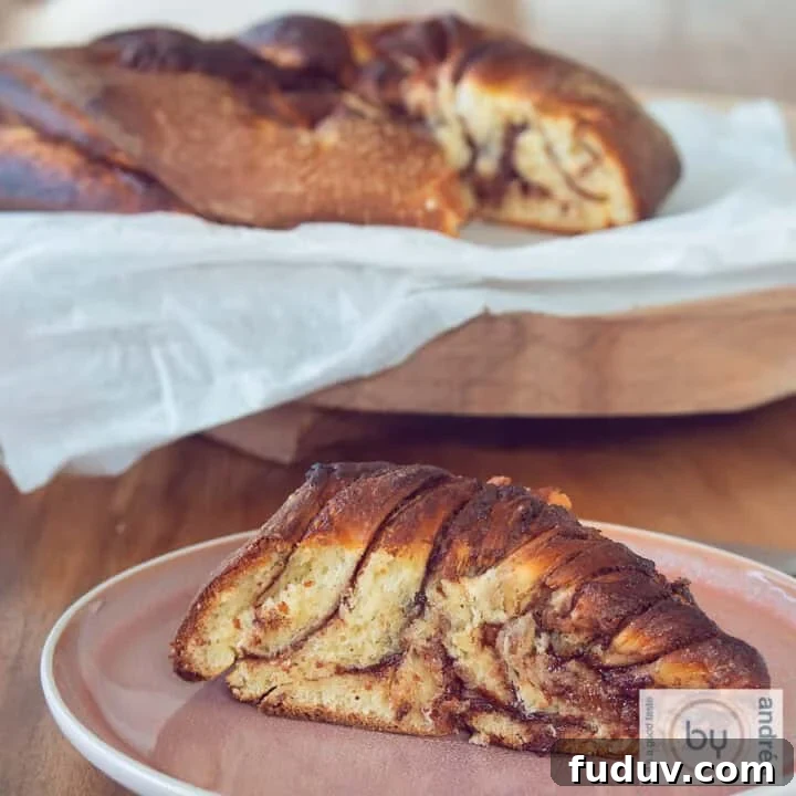 A square picture of a Nutella twist bread on a pink plate.