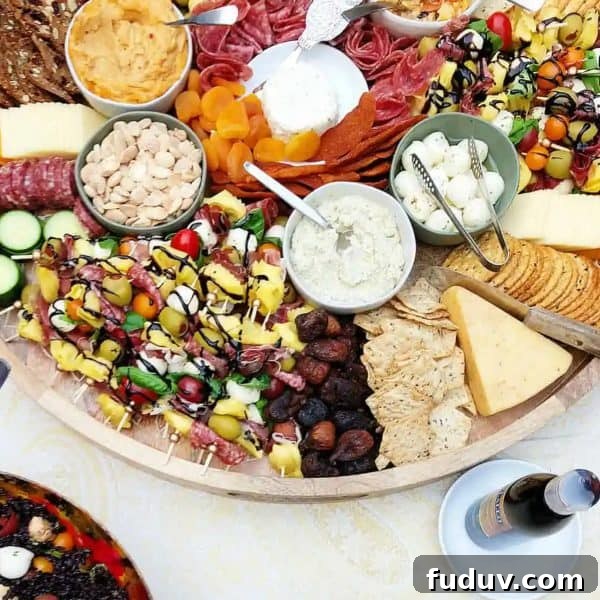 The Reluctant Entertainer's graduation charcuterie board includes mini tortellini, mozzarella, fruits, cheese, and more. 