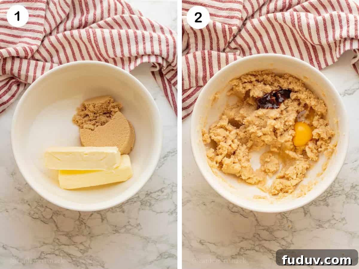 Butter and sugar in bowl, and vanilla and egg in creamed butter in a bowl.