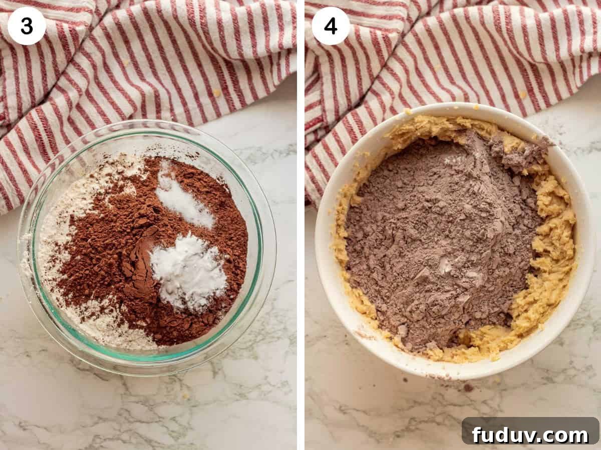 Cocoa powder, flour, and salt in bowl, and the dry ingredients being mixed into the butter.