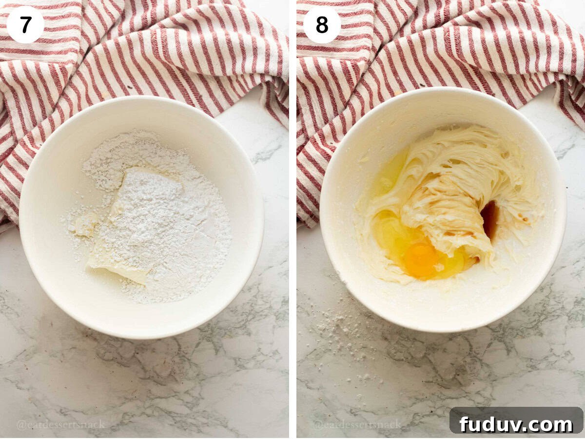 Cream cheese and powdered sugar, and egg and vanilla in powdered sugar.