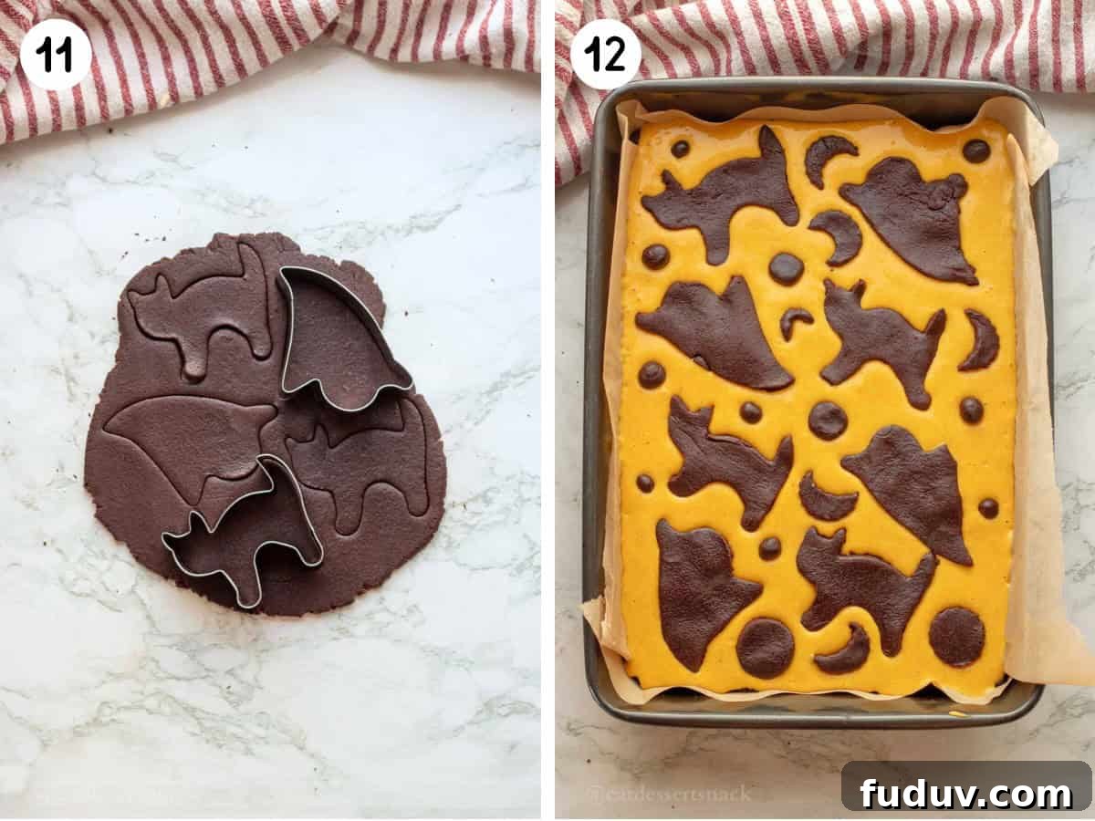 Raw brownie dough with cookie cutouts, and cutouts on top of raw pumpkin cheesecake mixture.