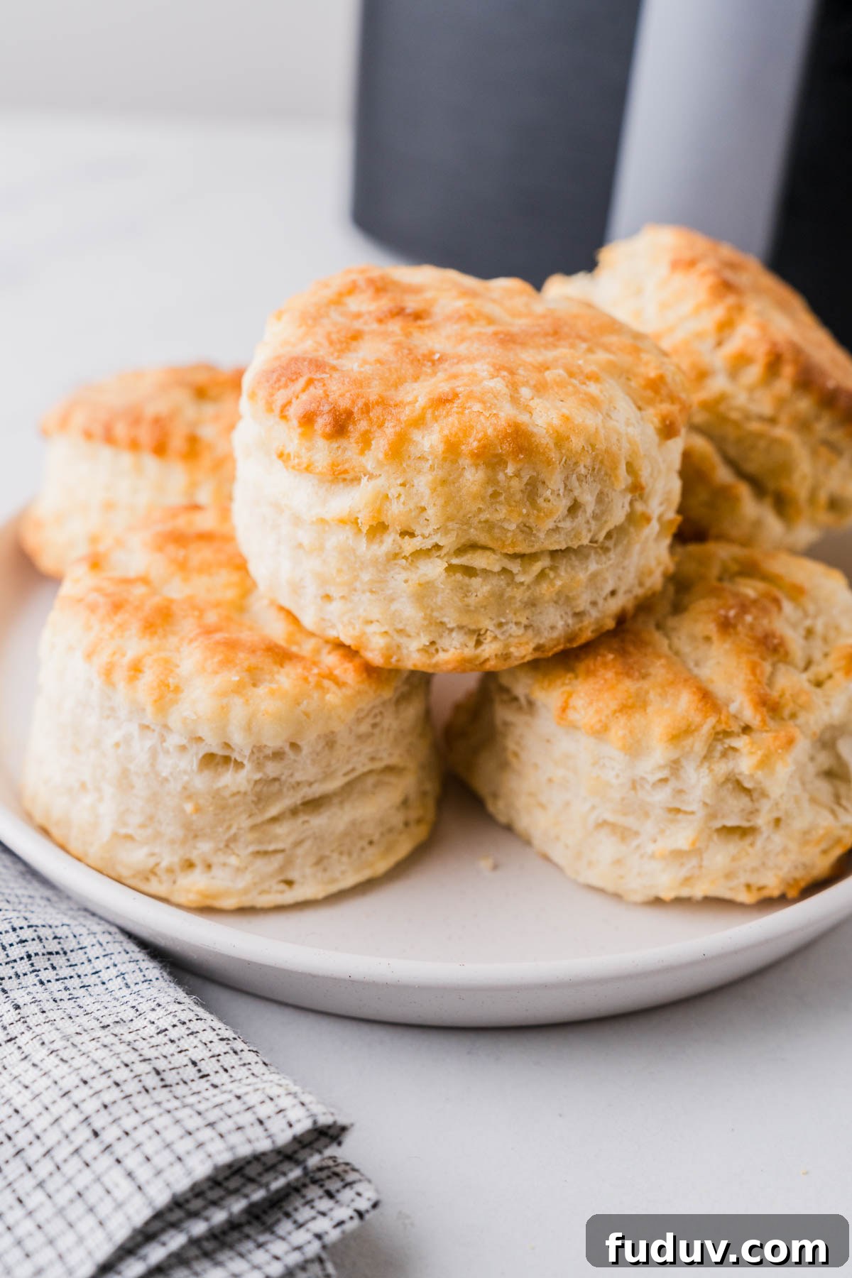 Crispy Air Fryer Biscuits: Quick Flaky Homemade Recipe 2 air fryer biscuits on a plate with white background.