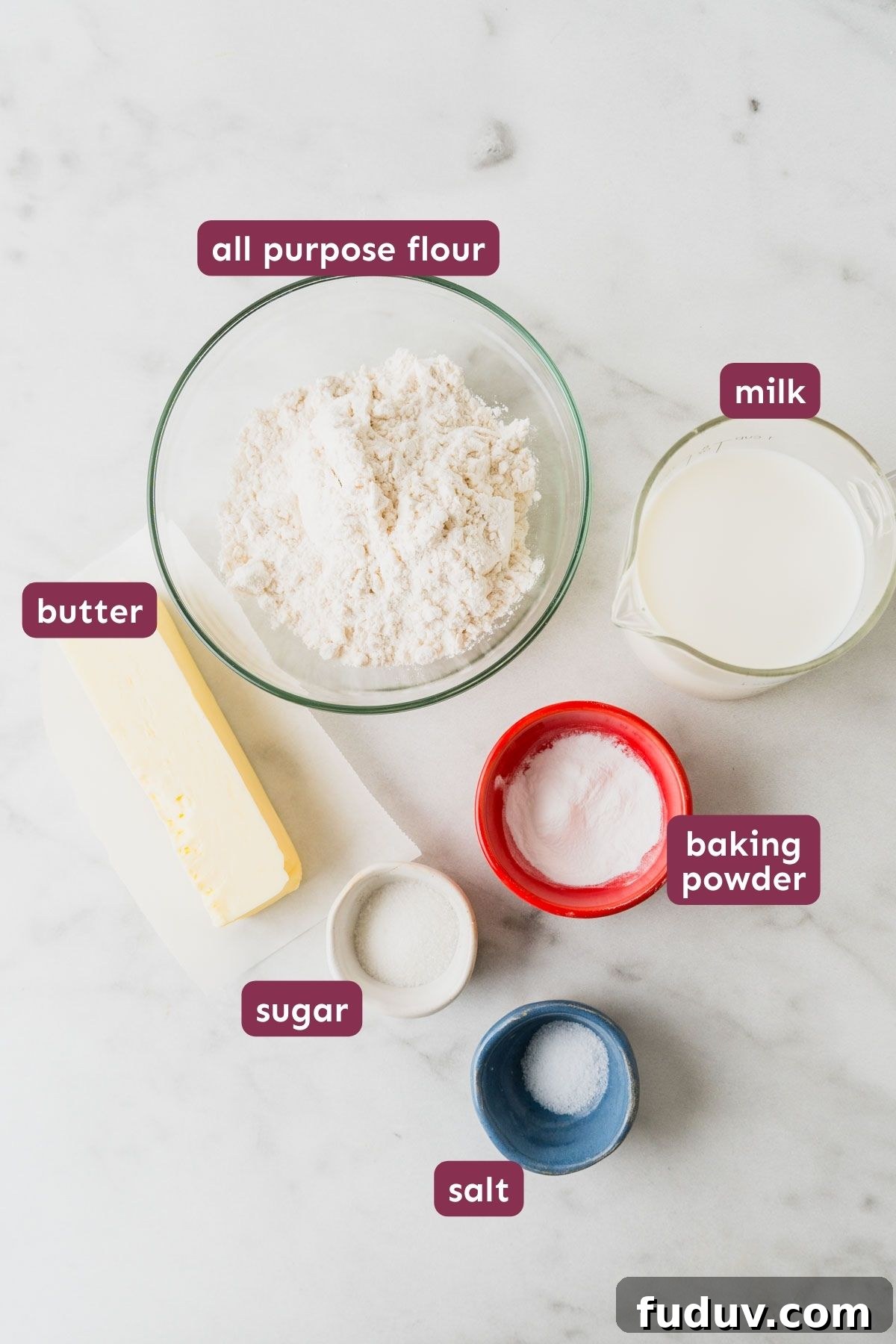 Crispy Air Fryer Biscuits: Quick Flaky Homemade Recipe 3 ingredients for air fryer biscuits on a white background.