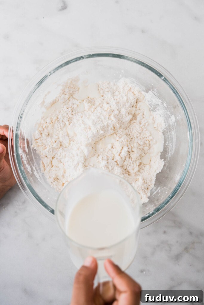 Crispy Air Fryer Biscuits: Quick Flaky Homemade Recipe 7 adding milk to the flour mix in the bowl.