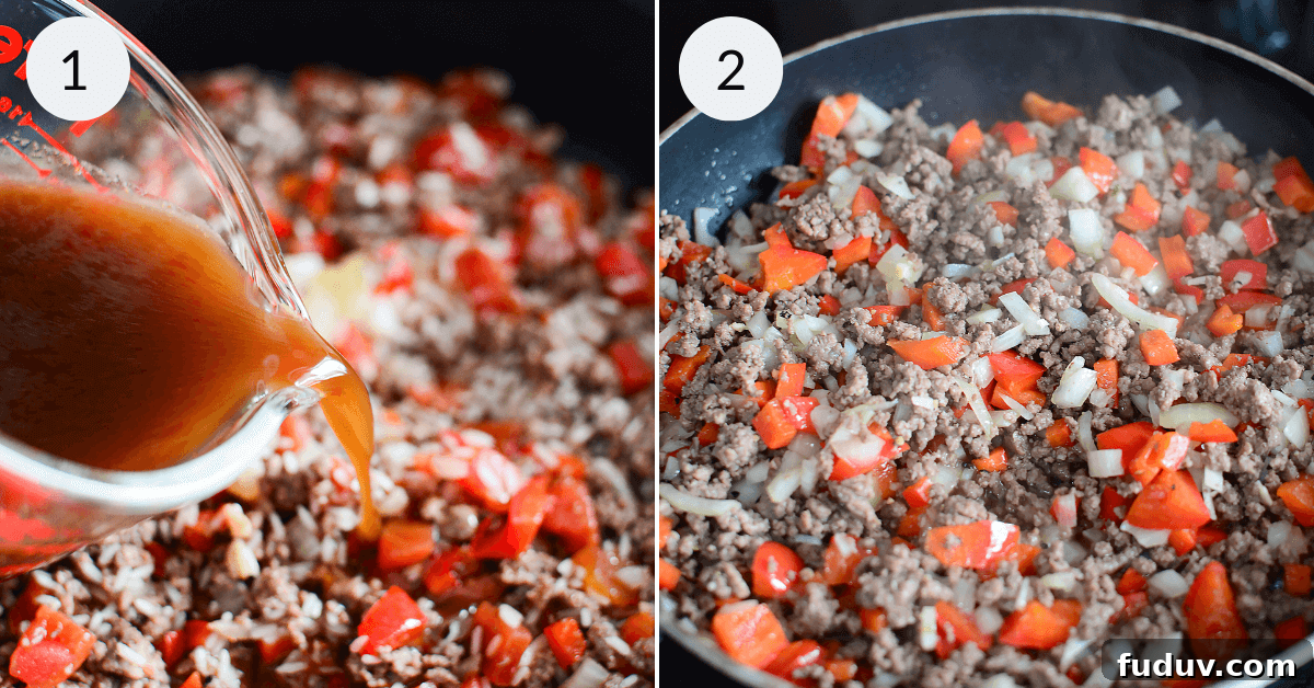 Adding the vegetables and then the beef broth and cheese.