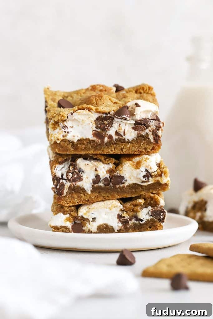gluten-free s'mores bars stacked on a plate