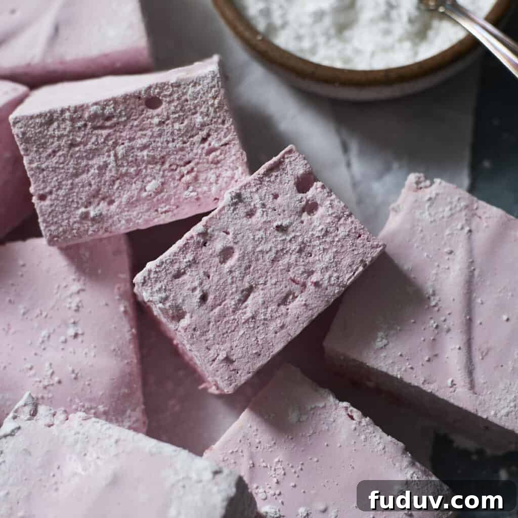 A sideview of two Blackberry Marshmallows.