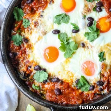 Baked Huevos Rancheros Recipe: Flavorful Rancher’s Eggs Casserole 8 Baked heuvos rancheros in a cast iron skillet