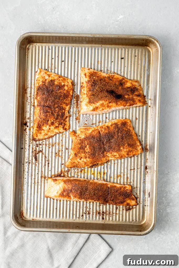 Grilled Salmon Tacos with Creamy Avocado Lime Crema 6 The grilled salmon on a baking tray.