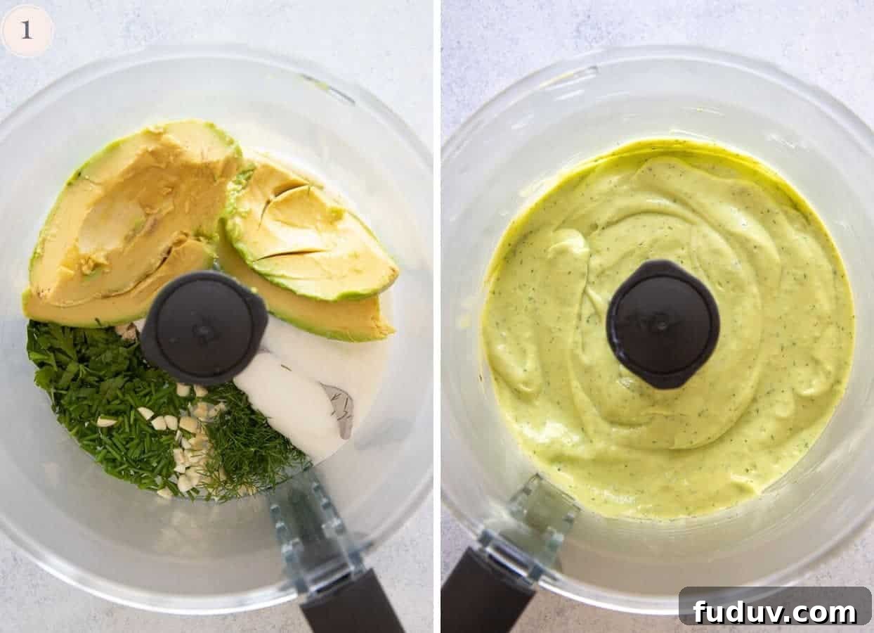 avocado ranch picture collage demonstrating how to make avocado ranch in a food processor