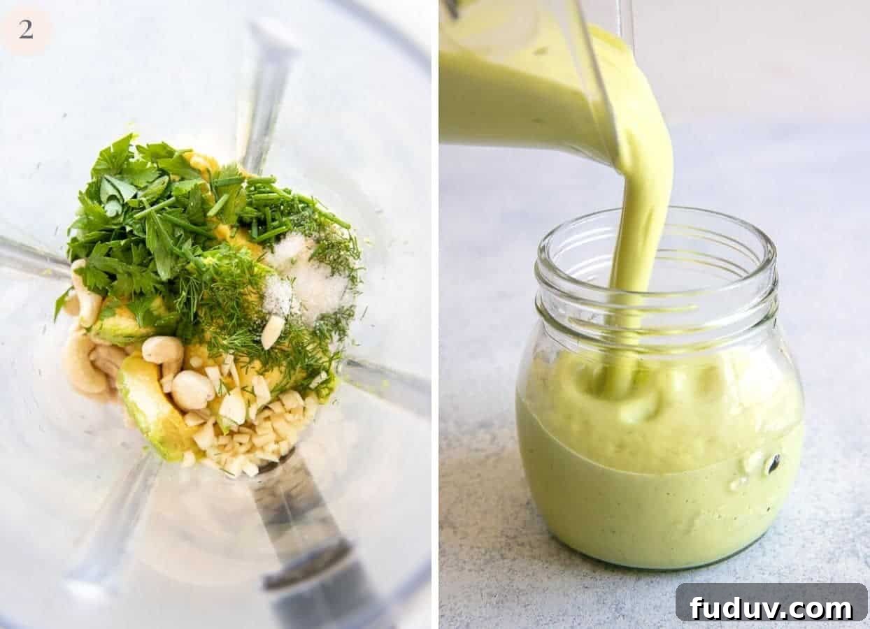 avocado Ranch vegan avocado ranch dressing being made in blender, then transferred to mason jar