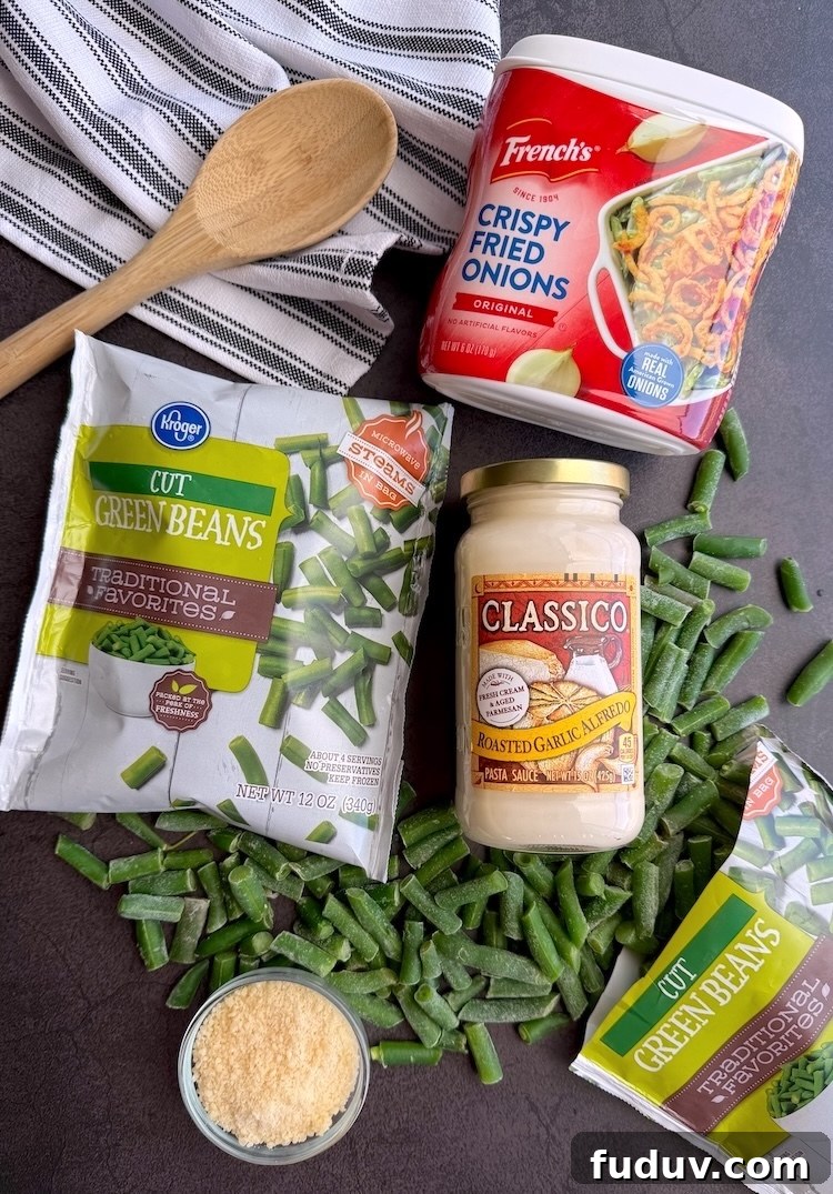 Simple ingredient for making the best green bean casserole with Alfredo sauce instead of soup.
