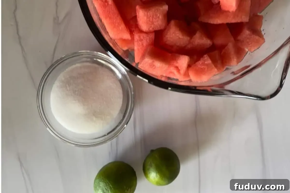 overhead photo of ingredients including the melon, sugar, and limes. 