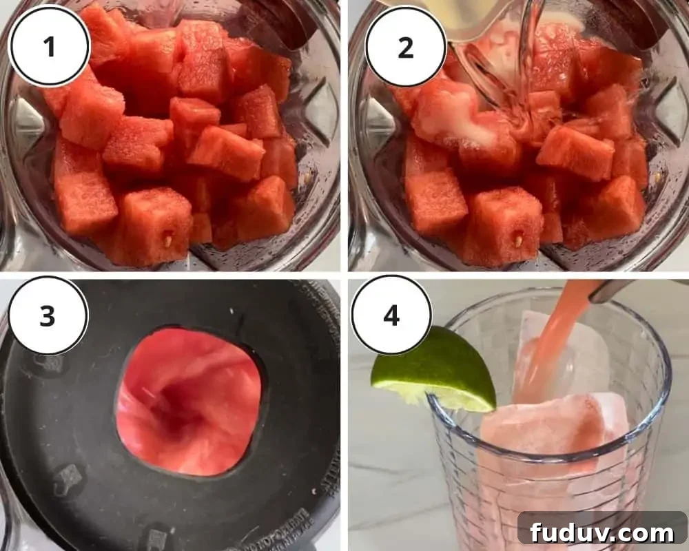 process shots showing how to make drink including blending it in the blender. 