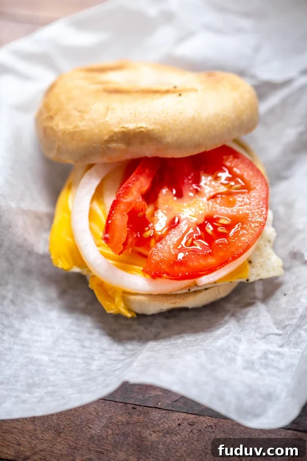 manhattan bagel with egg, cheese, tomato and onion