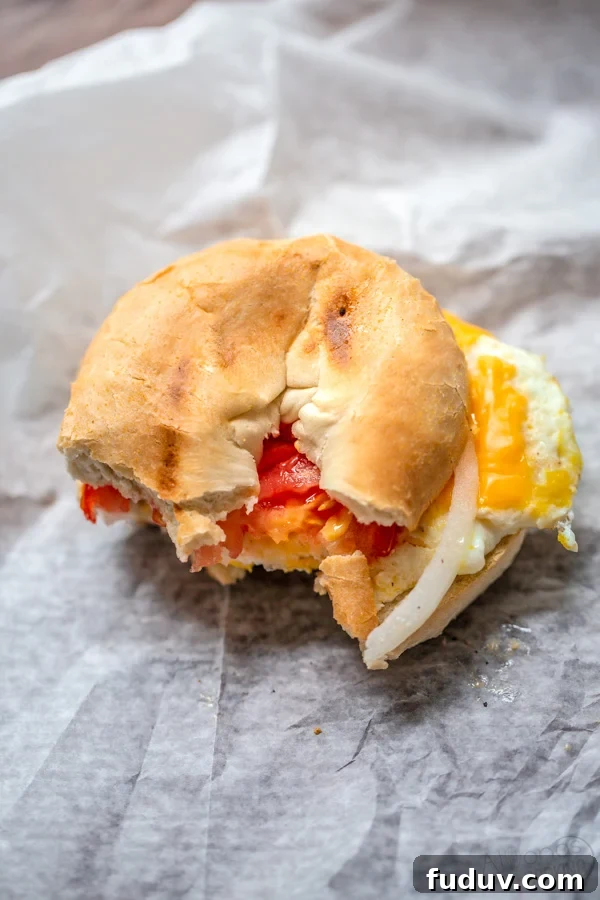 New York plain bagel breakfast sandwich with egg, cheese, tomato and onion