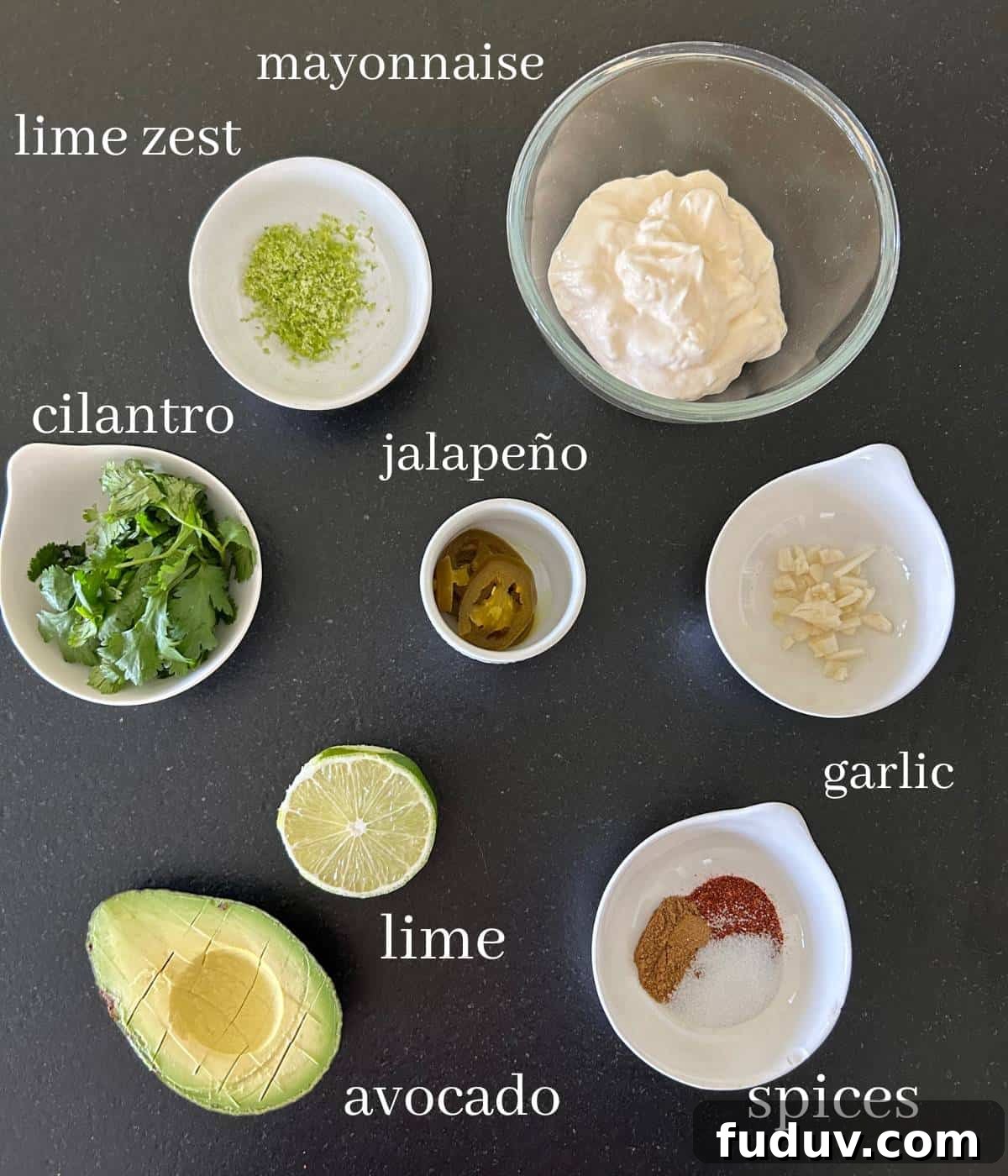 Creamy Lime Aioli Recipe — Zesty Sauce for Sandwiches & Seafood 3 Cilantro lime aioli ingredients on countertop.