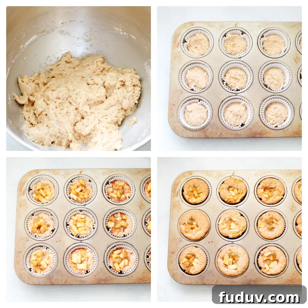 Apple pie cupcakes are a twist on a classic dessert. They are moist, delicious and with fresh apple pie filling in the middle, they give you JUST the right amount of texture! 4 pictures showing how to make the cupcake batter and apple pie filling.