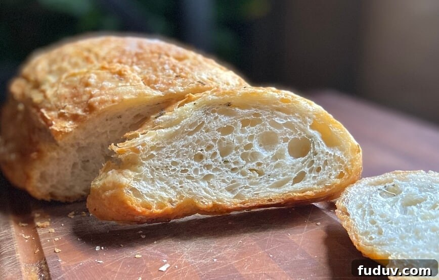 No-Knead Dutch Oven Bread Recipe for Crispy Crust and Soft Crumb 4 Sliced bread on cutting board.
