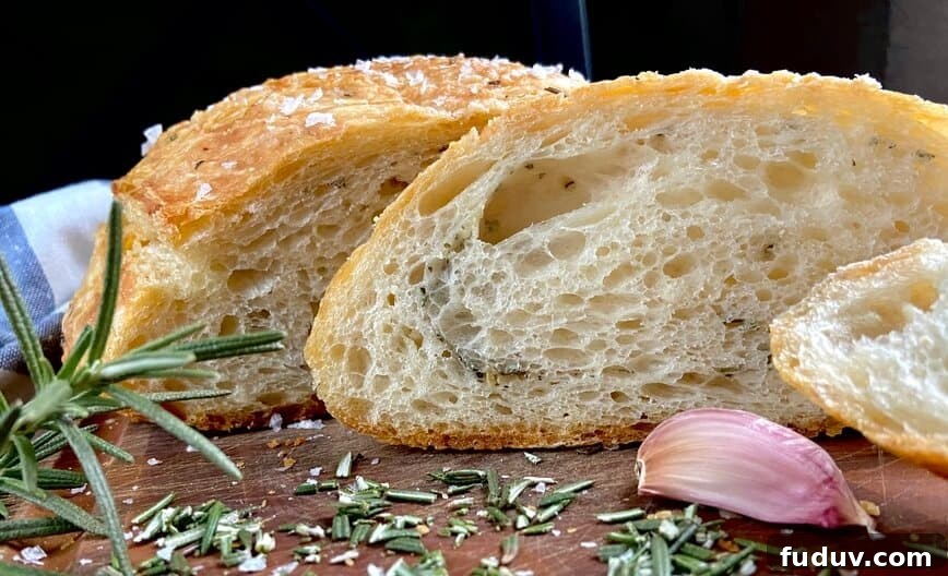 No-Knead Dutch Oven Bread Recipe for Crispy Crust and Soft Crumb 6 Sliced bread and fresh garden herbs.