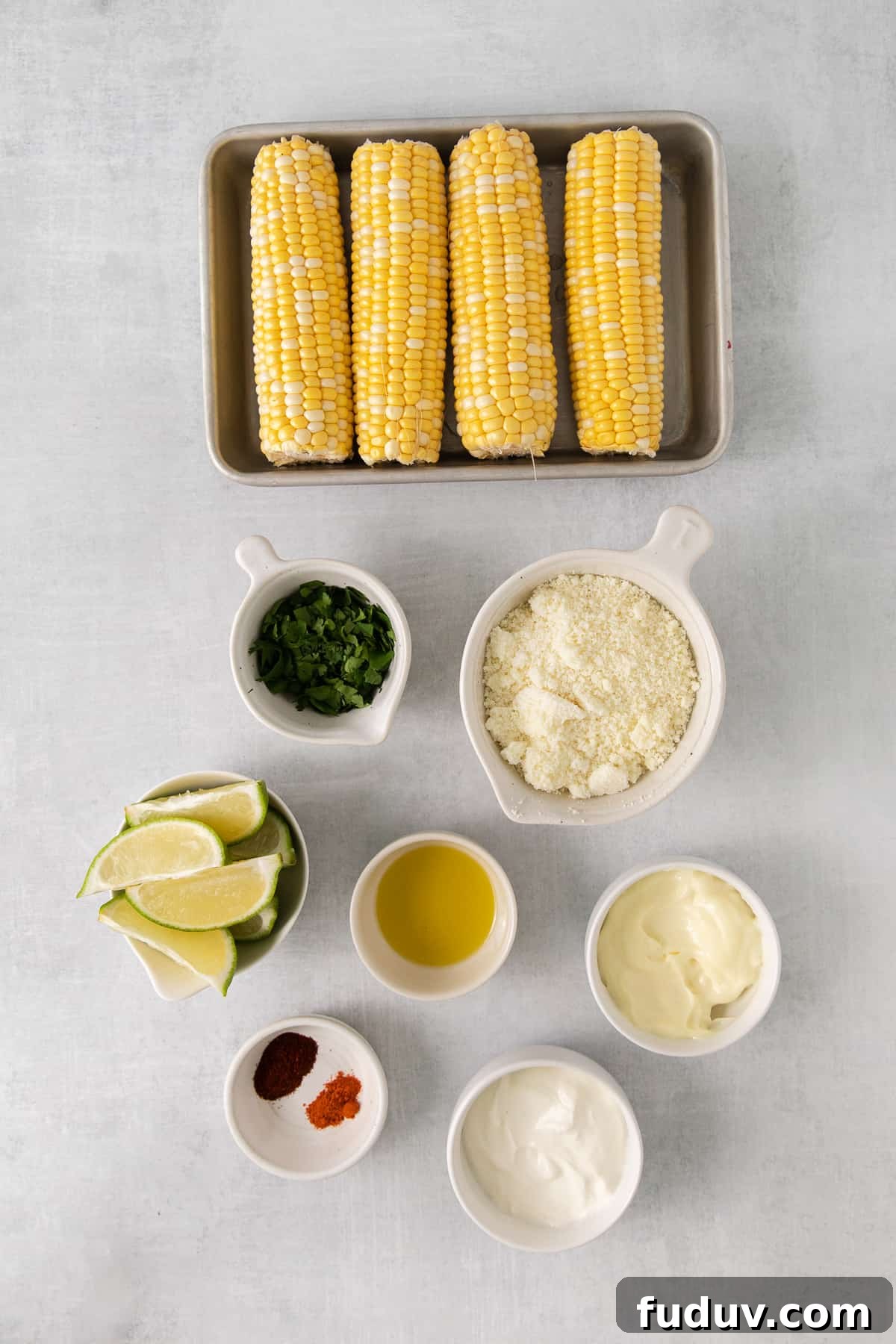 Ingredients for easy elote corn in bowls.
