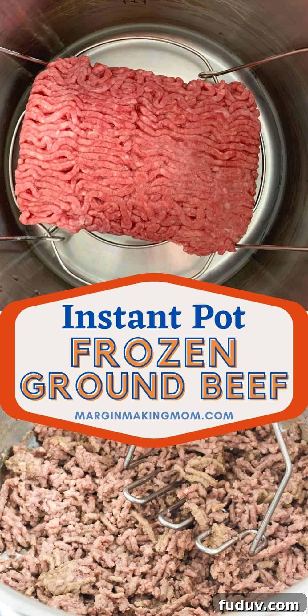 collage image featuring two photos, one of raw, frozen ground beef in the Instant Pot, the other of cooked and crumbled ground beef.